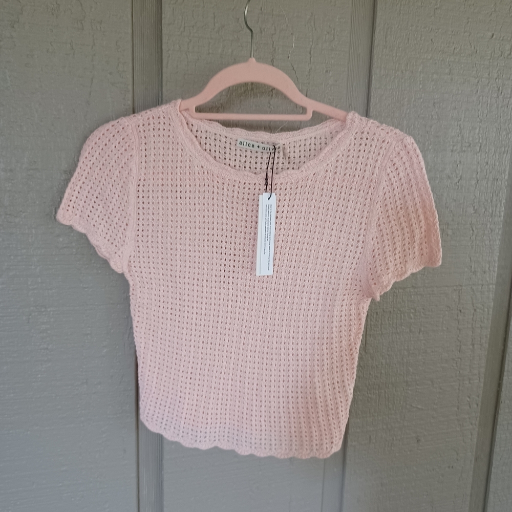 Alice And Olivia Maryam Pullover Size XS Women Preppy Linen Blend In Pink Lace - Picture 2 of 9